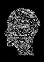 Business drawing in shape of man head, isolated on black