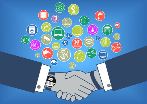 Hand shake with internet of things new technology in flat design