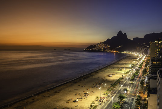 Sunset with light leaks on the Beach in Rio de Janeiro, Brazil