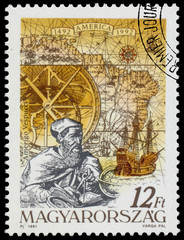 Stamp printed in Hungary shows Discovery of the New World
