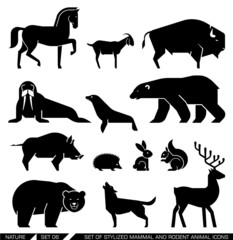 Naklejka premium Set of geometrically stylized mammal and rodent animal icons