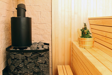 sauna interior with accessories