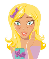 Surprised young woman with blond hair with a gift