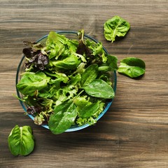 Pan with a green salad on wooden boards