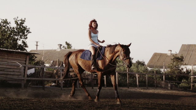 Young woman riding a horse on a lunging rein