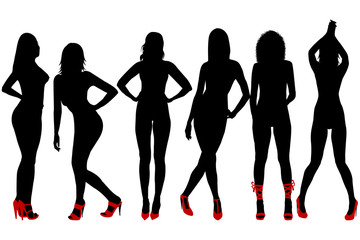 Silhouettes of sexy women with red shoes