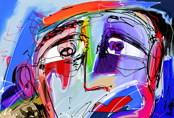 Panele Szklane Podświetlane  abstrakcyjne cyfrowe malowanie ludzkiej twarzy