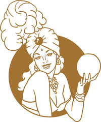 Pin-up girl with a magic ball portrait of a golden circle emblem