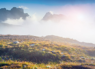 Fototapeta na wymiar Birkenkofel mountain range in the morning mist