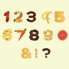 Numbers made of different food in flat design