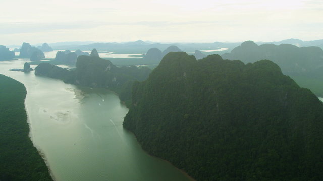 Aerial view limestone pillars  Phang nga bay Islands, Thailand