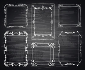 Set of chalk painted frames on a black chalkboard.