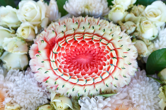 Top view watermelon Thai fruit carving and flower