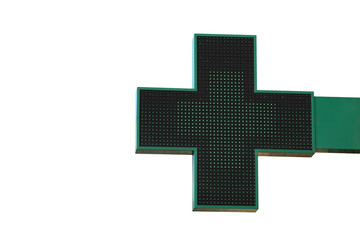 Pharmacy sign isolated. Green pharmacy cross with LED backlight.