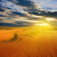 dramatic sunset over a sandy desert