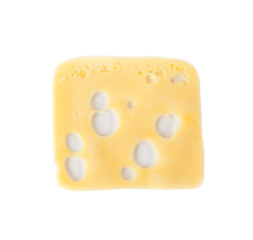 The slice of Swiss cheese on white