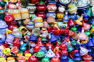 Plates, tajines and pots made of clay on the market