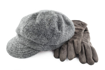 Woolen cap and gloves isolated on white background