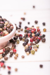 Red pepper, peppercorns in bowl. hot spices 