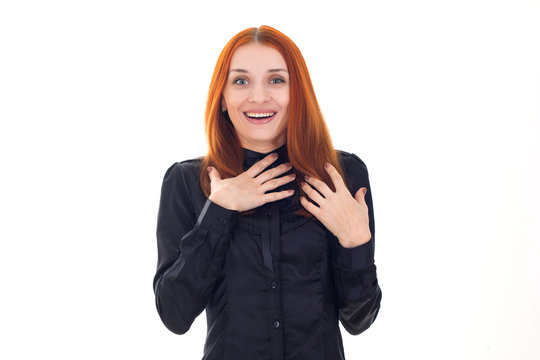 Attractive surprised woman with her hands folded on chest