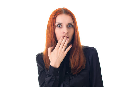 Woman surprised , covering her mouth with hand