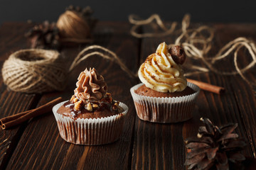 two brown chocolate cupcakes on wood background