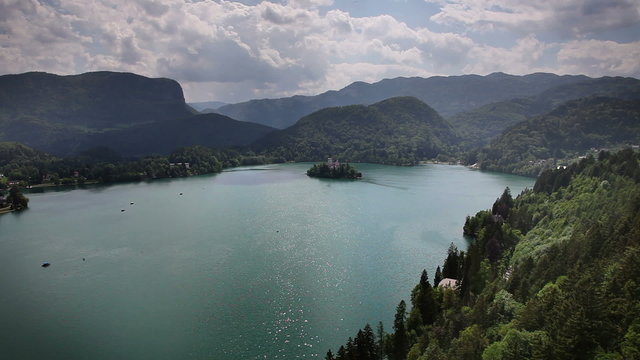 Panoramic shot of lake Bled and mountains arround it