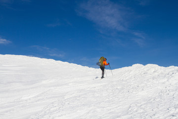 Winter hiking in snowshoes.