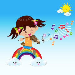 Cute Girl play music with Sun Rainbow and Cloud