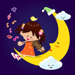 Cute Girl play music with moon at night