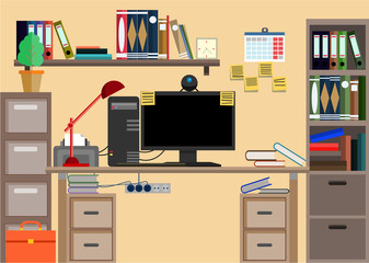 Business workplace with office things, equipment, objects.