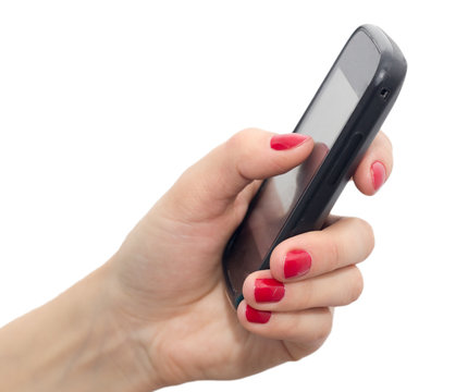  Hands With Red Nails Holding A Smart Phone