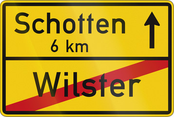 German traffic sign: End of urban area of Wilster, the next urban area (Schotten) starts after 6 kilometers