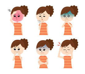 A set of six pose variations of sick young woman