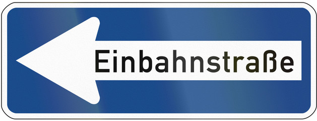 German traffic sign: Einbahnstrasse/One-way road, pointing to the left