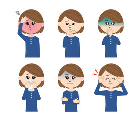 A set of six pose variations of sick young woman