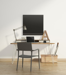Elegant beige home office interior with grey armchair