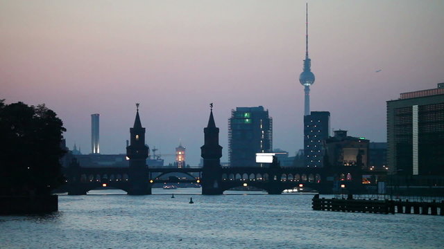 Berlin cityscape with Oberbaum bridge in the evening