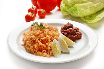 Tasty rice served on table, close-up