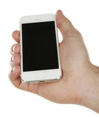 Hand holding mobile smart phone isolated on white