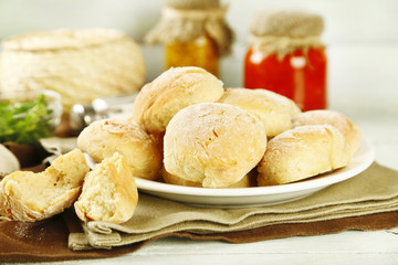 Fresh homemade bread buns from yeast dough with fresh garlic