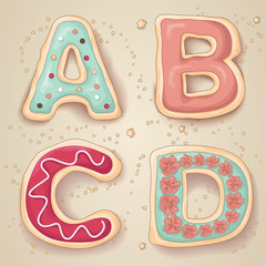Hand drawn letters A through D in the shape of cookies