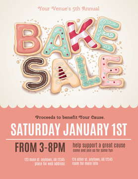 Hand drawn Bake Sale cookies on a flyer or poster template