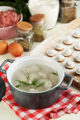 Raw and cooked dumplings close-up in kitchen