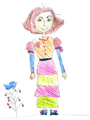 girl and and bird on bush. child drawing.