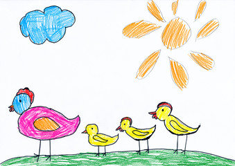 chickens family. child drawing