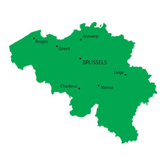green map of Belgium with indication of the biggets cities
