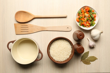 Food ingredients and kitchen utensils for cooking