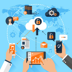 Flat vector illustration concept mobile devices connected onto a