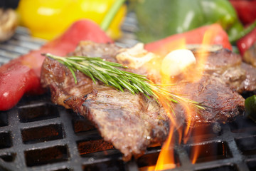 T-bone steak on the barbecue grill with vegetable spears in the